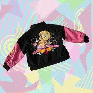 Vintage Girls’ Tweety Bird Jacket– Black & Pink Embroidered- Size 5/6